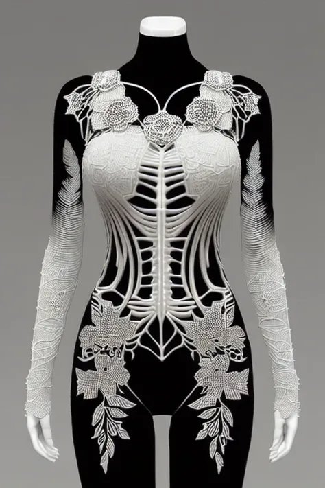 complex 3d render ultra detailed of a beautiful death angel, biomechanical cyborg, analog, 150 mm lens, beautiful natural soft rim light, big leaves and stems, roots, fine foliage lace, colorful details, samourai, Boris Bidjan Saberi outfit, pearl earring, piercing, art nouveau fashion embroidered, intricate details, mesh wire, mandelbrot fractal, anatomical, facial muscles, cable wires, microchip, badass, hyper realistic, ultra detailed, octane render, volumetric lighting, 8k post-production, red and white with a bit of black, detailled metalic bones, semi human, iridescent colors, Glenn Brown style, white room, power of the god, high-angle shot, complex body poses