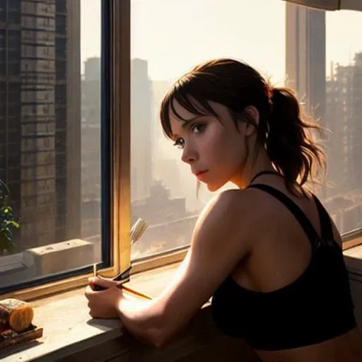Young Jennifer Love Hewitt, crop top from a cyberpunk movie, looking over a balcony. sexy, professional majestic oil painting by Ed Blinkey, Atey Ghailan, Studio Ghibli, by Jeremy Mann, Greg Manchess, Antonio Moro, trending on ArtStation, trending on CGSociety, Intricate, High Detail, Sharp focus, dramatic, photorealistic painting art by midjourney and greg rutkowski