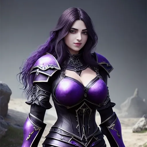 portrait, beautiful Greek girl, wearing a dark (reavealing) black gothic armour, big breasts, long hair, purple eyes, 8k hdr, unreal engine 5, realistic, RPG, mdjrny-v4 style, smiling, photorealistic