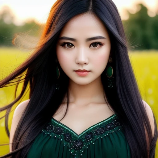 modelshoot style, (extremely detailed CG unity 8k wallpaper), fair worried woman,  portrait, close-up,  long hair, black hair, green dress, sky background, Atey Ghailan, full shot body photo of the most beautiful artwork in the world