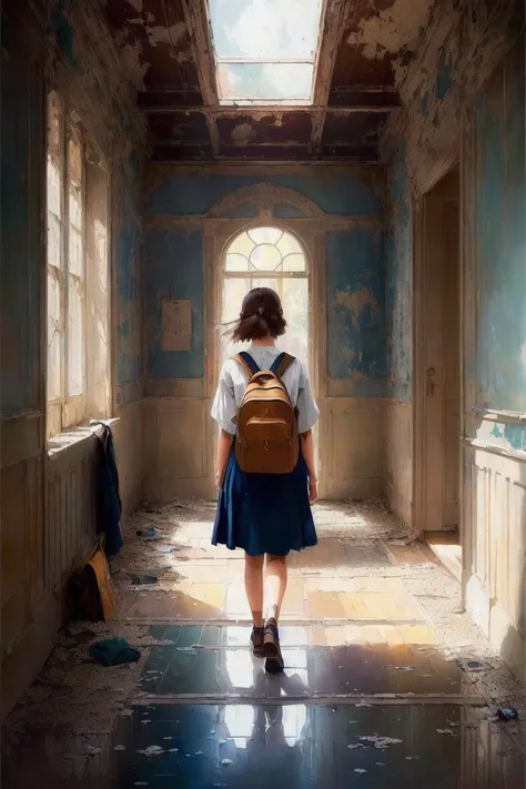 modelshoot style, school bag, (extremely detailed CG unity 8k wallpaper), (full shot body photo of the most beautiful artwork in the world, old abandoned hallway at day with a medium shot of a girl student:1.4), water, damp, dirty, refraction, reflections, mirrors, prisms, sunlight, glowing lights!! oil painting, high contrast, intricate elegant, highly detailed, smooth, sharp focus, illustration, eyes reflecting into eyes reflecting to infinity, photorealistic painting by Ed Blinkey, Atey Ghailan, Studio Ghibli, by Jeremy Mann, Greg Manchess, Antonio Moro, alphonse mucha, trending on ArtStation, trending on CGSociety, Intricate, High Detail, Sharp focus, dramatic, photorealistic painting art by midjourney and greg rutkowski