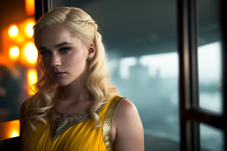 Daenerys Targaryen , blonde , female photography , award winning, urban fantasy , dramatic pose, 8k , neon signs, diner, reflections, rainbows , (hdr:1.3), cinematic lighting , beautiful , looking over shoulder , realistic , detailed face ,natural skin texture ,insane details, intricate details, hyperdetailed, fog , soft light , white skin , octane , cyberpunk , yellow dress , low key , <lora:epiNoiseoffset_v2:1>