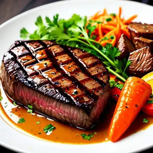 sirloin steak flourished with garnishes, on a dark plate, pouring with vealjuz and baby carrot, food, exotic food, exotic dish, luxury dish, restaurant food,
soft brush, (digital painting:1.2), wide shot, (extremely detailed CG unity 8k wallpaper), realistic, realism,