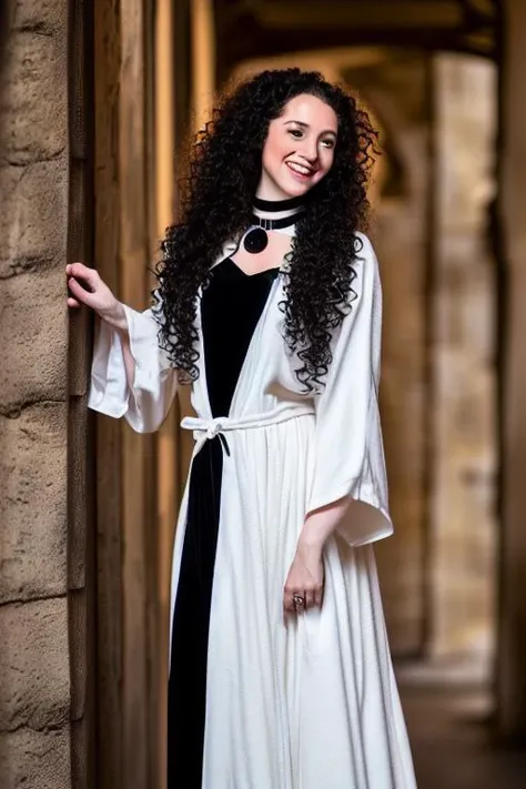 photo of pale woman long curly brown hair, griffindor witch, freckles, choker (hogwarts robe:1.1), (holding a wand:1.1) (black eyeshadow), (background bokeh hogwarts hallway), (character design by greg rutkowsky and ilya kuvshinov and artgerm:0.5), (naughty smile:1.1), (focus on the eyes), Key light, (natural light), soft focus, Cinematic portrait photography by Harry Potter, (visible pores:0.3) (high detailed skin:0.9), 4k high quality