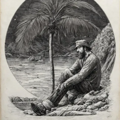 RAW photo, 8k uhd, Analog style, (Masterpiece, Best Quality, Highres:1.3), dramatic, cinematic, BREAK,
(intricate:1.3) (etched lineart:1.3) (engraving:1.4) (illustration:1.2) by (J. J. Grandville:1.4) of male (Robinson Crusoe:1.2) (sitting:1.1) and (looking:1.1) at sea, (from side:1.1), long hair beard, (wild:1.1) (fur clothes:1.2), (pants:1.1), dirty, ((palms:1.1), (mountain:1.05), (shore:1.1), sea, jungle:1.25), (wrecked sailboat:1.15), (white background, (black and white:1.05), grayscale, classicism:1.2), (hyperdetailed, absurdres, sketch:1.1), BREAK,
<lora:more_details:0.97>