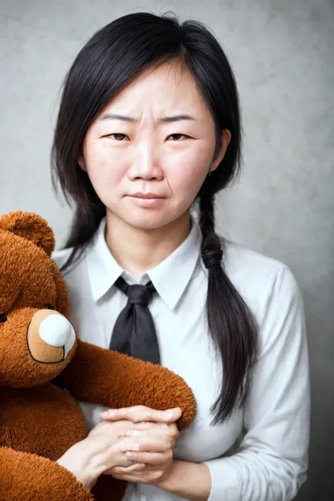 close-up photo portrait of a 30 yo asian woman, black ponytail, brown eyes, crying face expression, blush, shirt, tie, office lady, holding teddy bear, simple background
