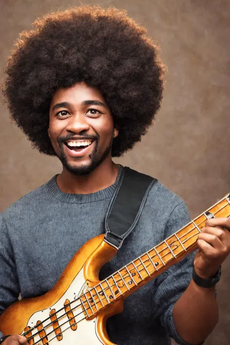 close-up photo portrait of a 45 yo african man, black afro hair, stubble, brown eyes, excited face expression, singing, red bass guitar, blue sweater, black bluesman, simple background