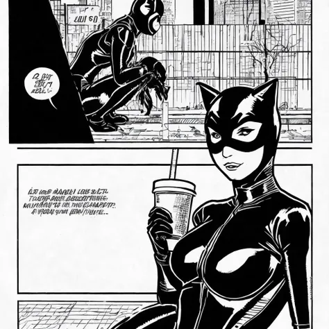 RAW photo, 8k uhd, Analog style, (Masterpiece, Best Quality, Highres:1.2), (dramatic, cinematic:0.2), (ink paint line art:1.15), (comic art:1.2), (style of Apollonia Saintclair:1.3) and (Guido Crepax:1.3), (vector art, thick lines, technical drawing:1.15), BREAK,
(Ñute:1.1) (catwoman:1.3), (upper body:1.2), (drinking juice:1.2), (holding cup:1.3), sitting on (roof:1.2), (catwoman black mask:1.4), (latex bodysuit:1.2), (crossed legs:1.2), (open mouth:1.2), (comic page style:1.1), (speech bubble:1.4), (vector art, line art, technical drawing, grayscale, DC comics sketch:1.3), (hyperdetailed:1.1), BREAK,