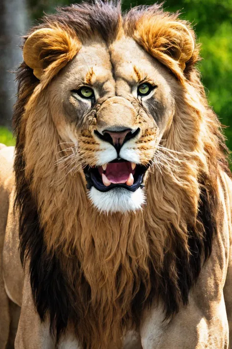 close-up photo portrait of a great red lion, blue eyes, very long lion's mane, roaring, open mouth, fangs, animal, no humans, simple background