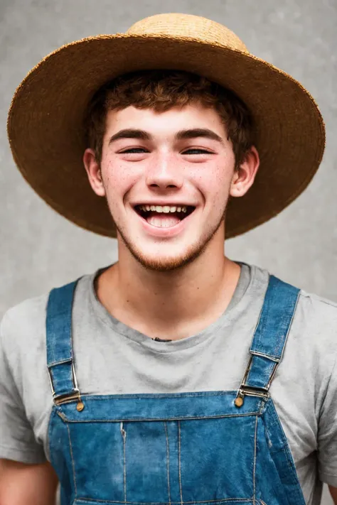 close-up photo portrait of a 20 yo european man, blond short curly hair, blue eyes, laughing face expression, freckles, denim overall, t-shirt, straw hat, farmer, simple background