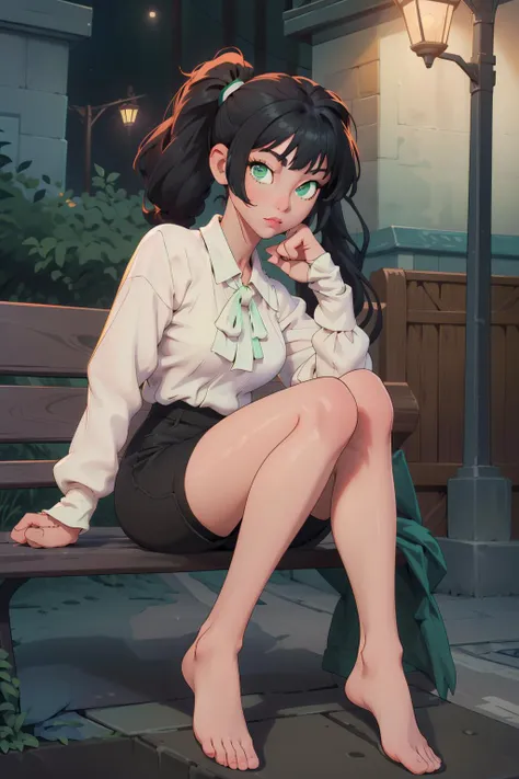 ((masterpiece, high resolution, best quality:1.4, breathtaking, ultra detailed)), a girl sitting under a street lamp at evening, barefoot, perfect feet, full body, street, bench, white blouse, fit shorts, bangs, twin ponytails, black hair, green eyes, long sleeves, holding, lollipop, looking at viewer <lora:fmlorav1.3take17m14npl:0.8>