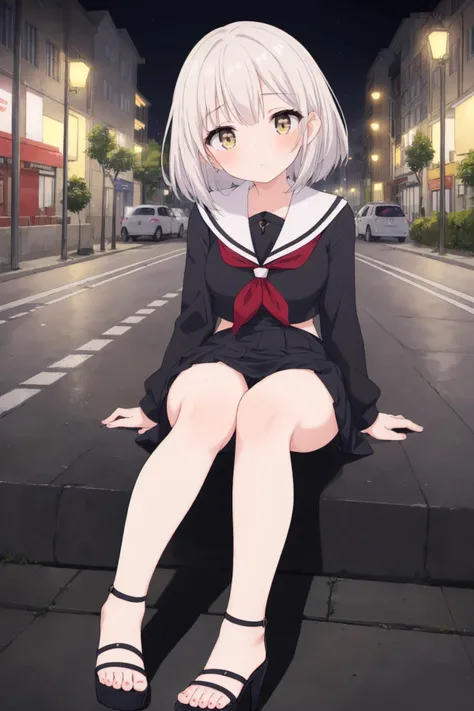 ((masterpiece, high resolution, best quality:1.4, breathtaking, ultra detailed)), (a cute woman in a street while a strong light shines on her and makes everything else dark), open toe heels, serafuku, night, street lamp, sitting, focus feet, <lora:feetmasterlorav1.2:0.4>