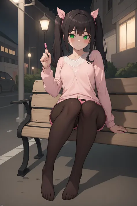 ((masterpiece, high resolution, best quality:1.4, breathtaking, ultra detailed)), a girl sitting under a street lamp at evening, no shoes, full body, perfect feet, no shoes, pink pantyhose, street, bench, white blouse, fit shorts, bangs, twin ponytails, black hair, green eyes, long sleeves, holding, lollipop, looking at viewer <lora:fmlorav1.3take17m14npl:0.8>
