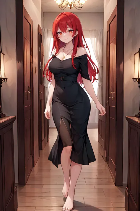 sexy style, 1 girl, mature, tall, dark red hair, long hair, straight hair with curled ends, dark red eyes, wearing a short skirt dress, dark red dress, witch hat on her head, red hat.