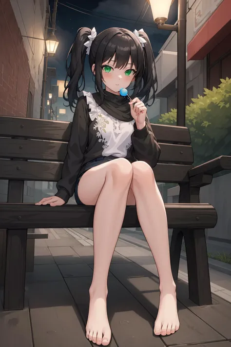 ((masterpiece, high resolution, best quality:1.4, breathtaking, ultra detailed)), a girl sitting under a street lamp at evening, full body, perfect feet, toenails, foot focus, street, bench, white blouse, fit shorts, bangs, twin ponytails, black hair, green eyes, long sleeves, holding, lollipop, looking at viewer <lora:fmlorav1.3take17m14npl:0.8>