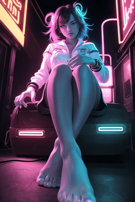 ((masterpiece, high resolution, best quality:1.4, breathtaking, ultra detailed)), light chaos, neon lights, bright, funk, lively, 1girl, feet, toes, toenails, <lora:fmlorav1.2remaster:0.4>