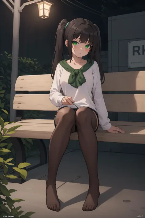 ((masterpiece, high resolution, best quality:1.4, breathtaking, ultra detailed)), a girl sitting under a street lamp at evening, no shoes, full body, perfect feet, street, bench, white blouse, fit shorts, bangs, twin ponytails, black hair, green eyes, long sleeves, holding, lollipop, looking at viewer <lora:fmlorav1.3take17m14npl:0.8>