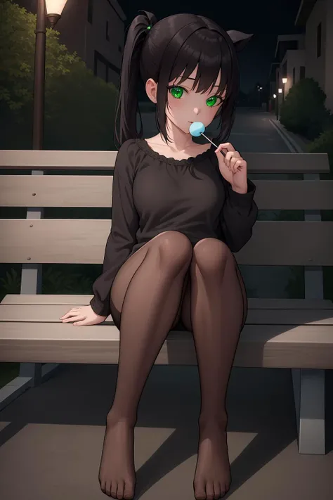 ((masterpiece, high resolution, best quality:1.4, breathtaking, ultra detailed)), a girl sitting under a street lamp at evening, no shoes, full body, perfect feet, black pantyhose, street, bench, white blouse, fit shorts, bangs, twin ponytails, black hair, green eyes, long sleeves, holding, lollipop, looking at viewer <lora:fmlorav1.3take17m14npl:0.8>