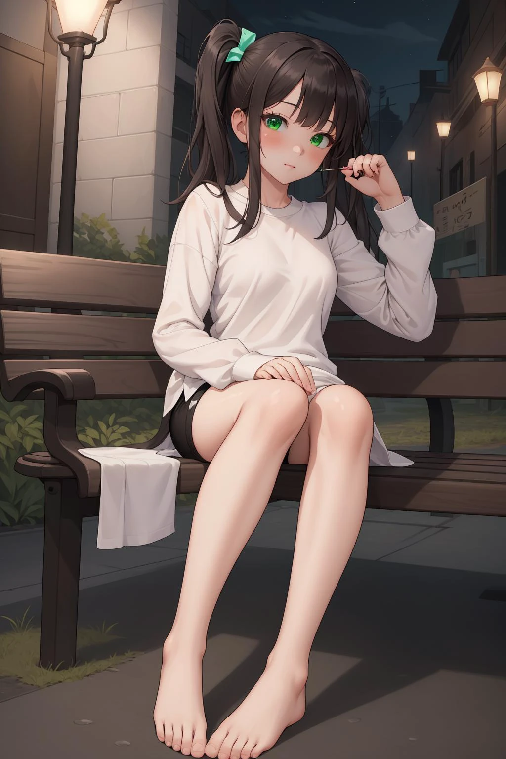 ((masterpiece, high resolution, best quality:1.4, breathtaking, ultra detailed)), a girl sitting under a street lamp at evening, barefoot, full body, street, bench, white blouse, fit shorts, bangs, twin ponytails, black hair, green eyes, long sleeves, holding, lollipop, looking at viewer <lora:fmlorav1.3take17m14npl:0.8>