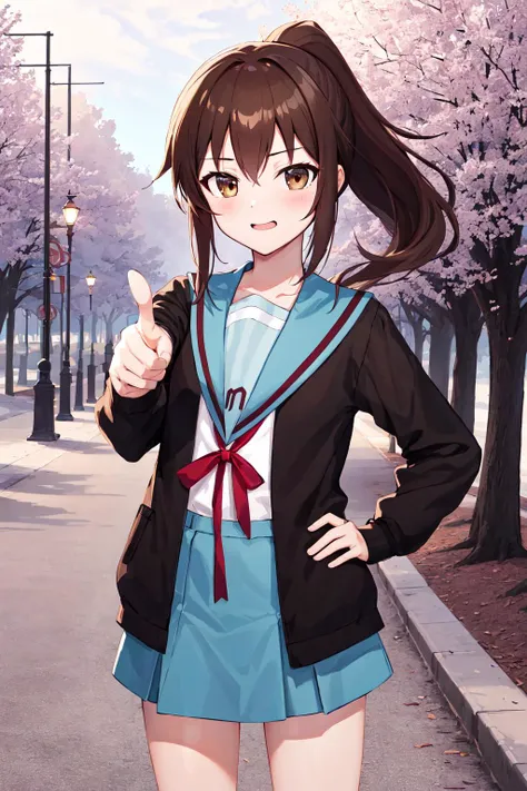 masterpiece, best quality, highres, kk1, 1girl, ponytail, blue sailor collar, long sleeves, open cardigan, serafuku, blue skirt, brown cardigan, red ribbon, long hair, socks, <lora:kyonko_v1:0.7>, cowboy shot, hand on hip, outdoors, pointing,