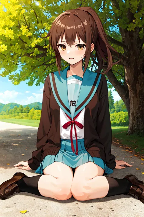 masterpiece, best quality, highres, kk1, 1girl, ponytail, blue sailor collar, long sleeves, open cardigan, serafuku, blue skirt, brown cardigan, red ribbon, long hair, socks, <lora:kyonko_v1:0.6>,