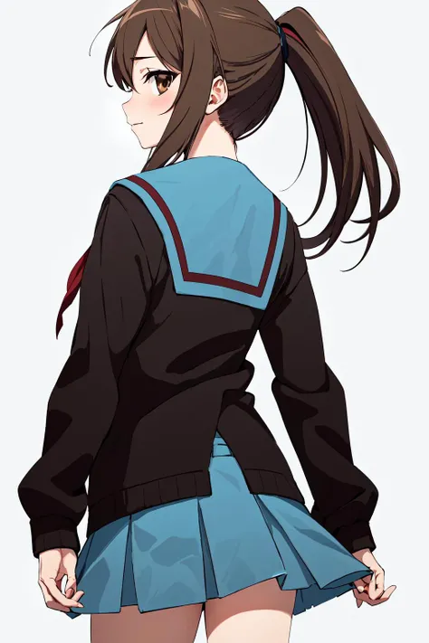 masterpiece, best quality, highres, kk1, 1girl, ponytail, blue sailor collar, long sleeves, open cardigan, serafuku, blue skirt, brown cardigan, red ribbon, long hair, socks, <lora:kyonko_v1:0.6>, from behind, walking, cowboy shot,