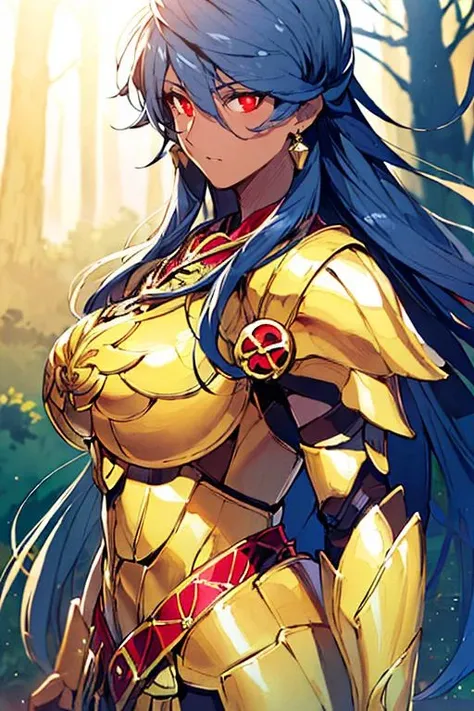 ((masterpiece)), ((best quality)), (ultra-detailed), absurdres, extremely detailed CG unity 8k wallpaper, Official Art, Accurate describe shapes, (realistic), detailed hands, expressive eyes, upper body, close-up, solo, (forest, scenery, dramatic light, illustration:1.1), (standing, arm at side, expressionless:1.2), (1girl, mature female, large breasts, dark skin, dark skinned female, hair between eyes, very long hair, dark blue hair, red eyes:1.4), (anklet, breastplate, golden armor, mechanical wings, mechanical armor, roman clothes, gautlets, arm guards, glowing armor:1.3), , ((masterpiece)), absurdres, HDR, romulus quirinus - third ascension (fate) <lora:Romulus-Quirinus - FGO:0.7>