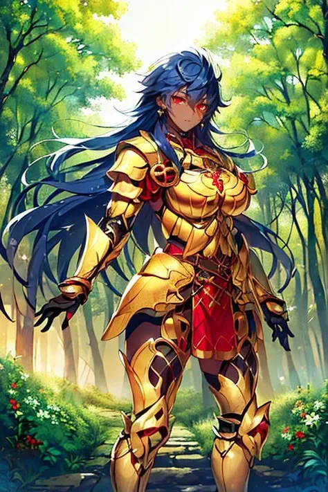 ((masterpiece)), ((best quality)), (ultra-detailed), absurdres, extremely detailed CG unity 8k wallpaper, Official Art, Accurate describe shapes, (realistic), detailed hands, expressive eyes, upper body, close-up, solo, (forest, scenery, dramatic light, illustration:1.1), (standing, arm at side, expressionless:1.2), (1girl, mature female, large breasts, dark skin, dark skinned female, hair between eyes, very long hair, dark blue hair, red eyes:1.4), (anklet, breastplate, golden armor, mechanical wings, mechanical armor, roman clothes, gautlets, arm guards, glowing armor:1.3), , ((masterpiece)), absurdres, HDR, romulus quirinus - third ascension (fate) <lora:Romulus-Quirinus - FGO:0.7>