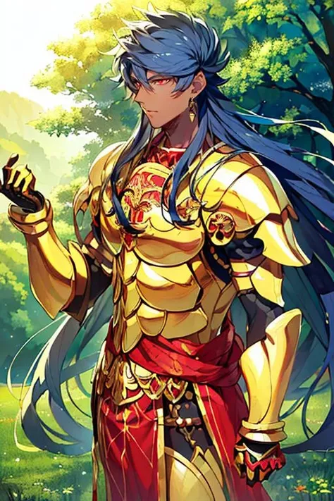 ((masterpiece)), ((best quality)), (ultra-detailed), absurdres, extremely detailed CG unity 8k wallpaper, Official Art, Accurate describe shapes, (realistic), detailed hands, expressive eyes, upper body, close-up, solo, (forest, scenery, dramatic light, illustration:1.1), (standing, arm at side, expressionless:1.2), (1boy, mature male, dark skin, dark skinned male, hair between eyes, very long hair, dark blue hair, red eyes:1.4), (anklet, breastplate, golden armor, armored boots, roman clothes, gautlets, arm guards, gauntlets, roman clothes, roman skirt:1.3), , ((masterpiece)), absurdres, HDR, romulus quirinus - second ascension (fate), <lora:Romulus-Quirinus - FGO:0.7>