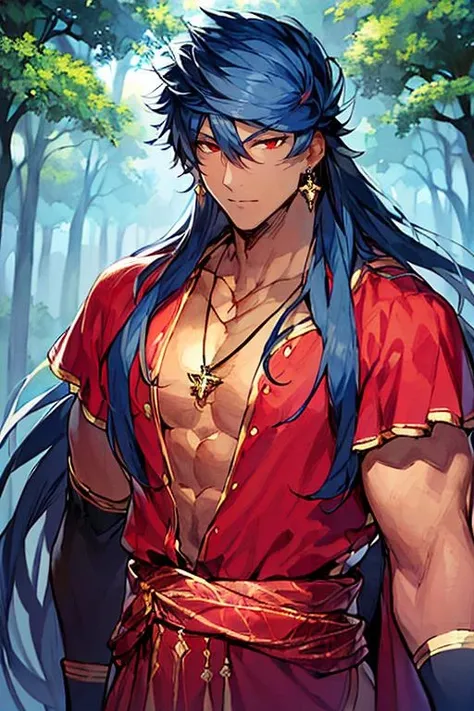 ((masterpiece)), ((best quality)), (ultra-detailed), absurdres, extremely detailed CG unity 8k wallpaper, Official Art, Accurate describe shapes, (realistic), detailed hands, expressive eyes, upper body, close-up, solo, (forest, scenery, dramatic light, illustration:1.1), (standing, arm at side, expressionless:1.2), (1boy, mature male, muscular male, dark skin, dark skinned male, hair between eyes, very long hair, dark blue hair, red eyes:1.4), (black gloves, blue robe, red sash, elbow gloves, pendant, necklace, earrings, hair between eyes, roman clothes:1.3), , ((masterpiece)), absurdres, HDR, romulus quirinus - first ascension (fate) <lora:Romulus-Quirinus - FGO:0.7>