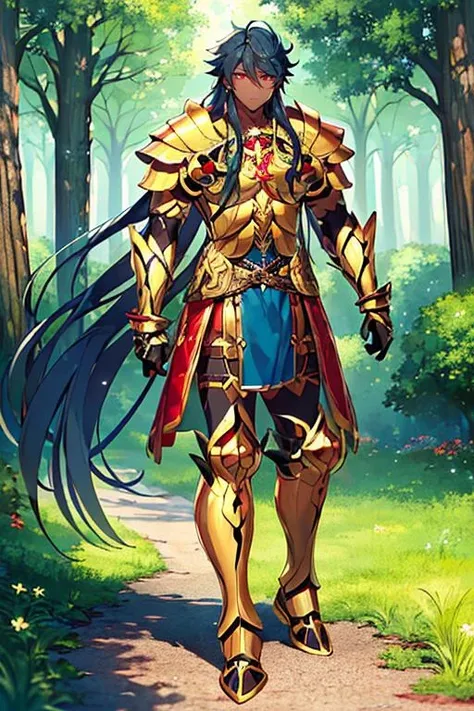 ((masterpiece)), ((best quality)), (ultra-detailed), absurdres, extremely detailed CG unity 8k wallpaper, Official Art, Accurate describe shapes, ((anime screencap)), detailed hands, expressive eyes, close-up, solo, (forest, scenery, dramatic light, illustration:1.1), (standing, arm at side, expressionless:1.2), (1boy, mature male, dark skin, dark skinned male, hair between eyes, very long hair, dark blue hair, red eyes:1.4), anklet, breastplate, golden armor, armored boots, mechanical wings, mechanical armor, roman clothes, gautlets, arm guards, glowing armor:1.3), , ((masterpiece)), absurdres, HDR, romulus quirinus - third ascension (fate) <lora:Romulus-Quirinus - FGO:0.7>