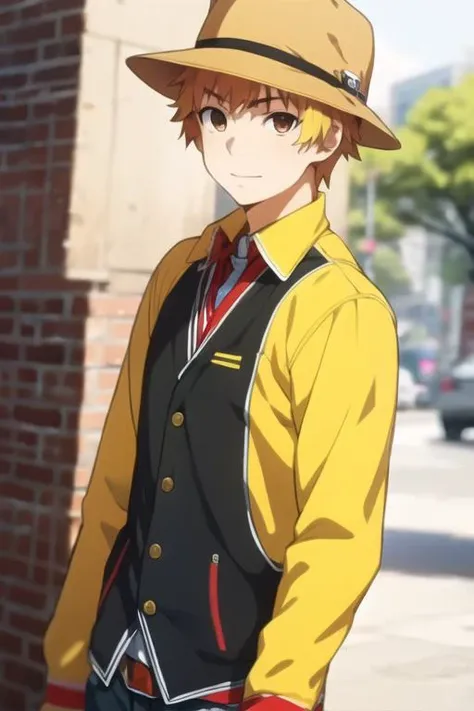 masterpiece, best quality, game cg, 1boy, solo, male focus, looking at viewer, , depth of field, <lora:hideyoshi_nagachika:0.74>, hideyoshi_nagachika, blonde hair, brown eyes, , waistcoat, fedora, dieselpunk,