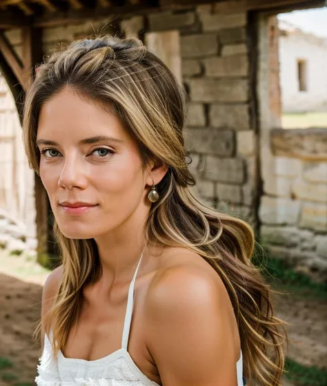 RAW photo,cowboy shot,of mr1nc0n woman inside a medieval rural settlement,attractive,gorgeous,slim,fit,athletic, updo,(high detailed skin:1.2), 16k uhd, dslr, warm filling light, high quality, Canon EOS 90D <lora:add_detail:1> , <lora:m_rincon_lora_V1-10:1>