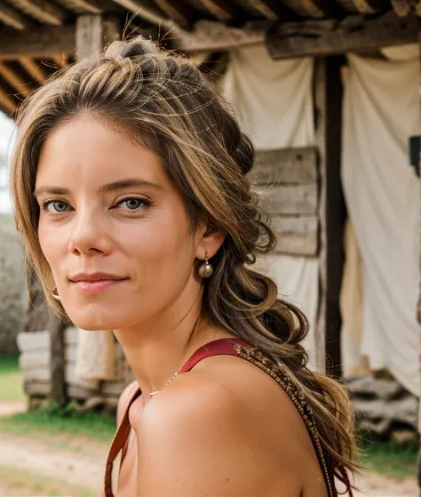 RAW photo,cowboy shot,of mr1nc0n woman inside a medieval rural settlement,attractive,gorgeous,slim,fit,athletic, updo,(high detailed skin:1.2), 16k uhd, dslr, warm filling light, high quality, Canon EOS 90D <lora:add_detail:1> , <lora:m_rincon_lora_V1-10:1>