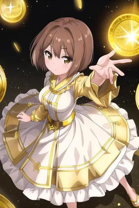 masterpiece, best quality,ultra detail, <lora:anmnr01:0.3>, <lora:GoodHands-vanilla:0.7> <lora:add_detail:0.5>,1girl, <lora:nasuno-teekyuu:0.7>nasuno takamiya,gold luxurious dress,fluffy long dress,dutch angle,active pose,floting lot of bills ,gold coins,from above,shine effect,looking at viewer