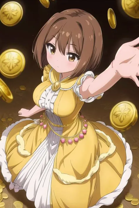 masterpiece, best quality,ultra detail, <lora:anmnr01:0.3>, <lora:GoodHands-vanilla:0.7> <lora:add_detail:0.5>,1girl, <lora:nasuno-teekyuu:0.7>nasuno takamiya,gold luxurious dress,fluffy long dress,dutch angle,active pose,floting lot of bills ,gold coins,from above