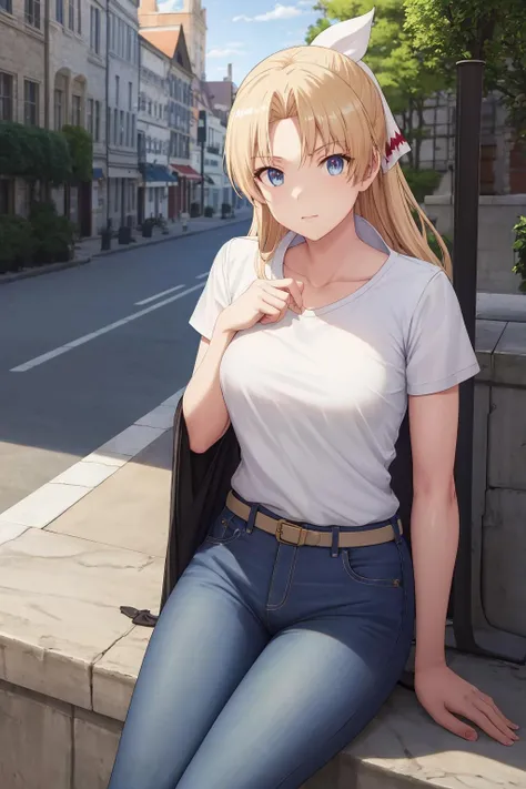 ((masterpiece, high quality, highres,))
outdoors, street, sitting, looking at viewer,
Jeanne, white shirt, jeans, <lora:Jeanne-10:0.8>