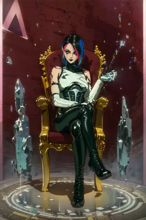 <lora:cataylst_v10:1>Catalyst, Apex Legends, Transgender, (masterpiece, best quality, ultra-detailed, highres), perfect face, side lighting, lustrous skin,(bloom), (shine), lighting, ray tracing, sci-fi, 1girl, solo, black hair, black lips, multicolored hair, gloves, electrical cables hanging from her arms, sitting on a crystal crescent chair, crossed legs, short hair, black footwear, bodysuit, boots, black gloves, blue hair, looking at viewer, goth makeup, black pants, holding a black ferrous cystal, depth_of_field, very detailed background, highly detailed background, Masterpiece, Ultra detailed, great composition,Dynamic angle,(wide shot), extremely delicate and beautiful,(Highest picture quality), (Master's work), depth of field, solo, extreme light and shadow, masterpiece, rich in detail, (fine features), (highest quality), (masterpiece), (detailed eyes), (beautiful) detailed ,beautiful detailed eyes,(straight-on), full body, cyberpunk:1, (extremely detailed CG unity 8k wallpaper),(masterpiece), (best quality), (ultra-detailed), (best illustration),(best shadow),perfect lighting , perfect anatomy , vivid colors, <lora:Cataylst:1>