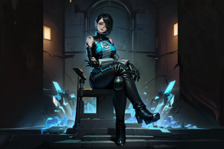 <lora:catalyst_v10:0.7> Catalyst, Apex Legends, Transgender, (masterpiece, best quality, ultra-detailed, highres), perfect face, side lighting, lustrous skin,(bloom), (shine), lighting, ray tracing, sci-fi, 1girl, solo, black hair, black lips, multicolored hair, gloves, electrical cables hanging from her arms, sitting on a crystal crescent chair, crossed legs, short hair, black footwear, bodysuit, boots, black gloves, blue hair, looking at viewer, goth makeup, black pants, holding a black ferrous cystal, depth_of_field, very detailed background, highly detailed background, Masterpiece, Ultra detailed, great composition,Dynamic angle,(Highest picture quality), (Master's work), solo, extreme light and shadow, masterpiece, rich in detail,(highest quality), (masterpiece), (detailed eyes), full body, cyberpunk:1, (extremely detailed CG unity 8k wallpaper),(masterpiece), (best quality), (ultra-detailed), (best illustration),perfect anatomy , vivid colors,