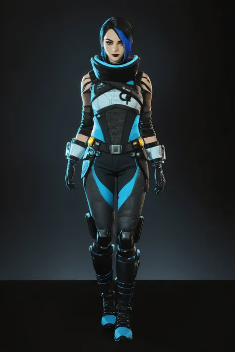 <lora:catalyst_v10:0.7> Catalyst, Apex Legends, Transgender, (masterpiece, best quality, ultra-detailed, highres), perfect face, side lighting, lustrous skin,(bloom), (shine), lighting, ray tracing, sci-fi, Catalyst, Apex Legends, Transgender, 1girl, solo, black hair, black lips, multicolored hair, gloves, cable, crossed legs, short hair, black footwear, bodysuit, boots, black gloves, blue hair, looking at viewer, makeup, black pants, blue background, depth_of_field, very detailed background, highly detailed background, Masterpiece, Ultra detailed, great composition,Dynamic angle,(wide shot), extremely delicate and beautiful,(Highest picture quality), (Master's work), depth of field, solo, extreme light and shadow, masterpiece, rich in detail, (fine features), (highest quality), (masterpiece), (detailed eyes), (beautiful) detailed ,beautiful detailed eyes,(straight-on), full body, cyberpunk:1, (extremely detailed CG unity 8k wallpaper),(masterpiece), (best quality), (ultra-detailed), (best illustration),(best shadow),perfect lighting , perfect anatomy , vivid colors,