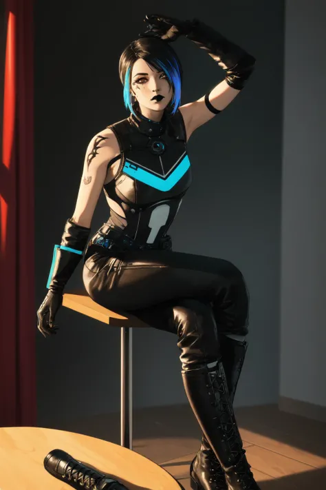 <lora:catalyst_v10:0.7> Catalyst, Apex Legends, Transgender, (masterpiece, best quality, ultra-detailed, highres), perfect face, side lighting, lustrous skin,(bloom), (shine), lighting, ray tracing, sci-fi, 1girl, solo, black hair, black lips, multicolored hair, gloves, electrical cables hanging from her arms, sitting on a crystal crescent chair, crossed legs, short hair, black footwear, bodysuit, boots, black gloves, blue hair, looking at viewer, goth makeup, black pants, holding a black ferrous cystal, depth_of_field, very detailed background, highly detailed background, Masterpiece, Ultra detailed, great composition,Dynamic angle,(Highest picture quality), (Master's work), solo, extreme light and shadow, masterpiece, rich in detail,(highest quality), (masterpiece), (detailed eyes), full body, cyberpunk:1, (extremely detailed CG unity 8k wallpaper),(masterpiece), (best quality), (ultra-detailed), (best illustration),perfect anatomy , vivid colors,