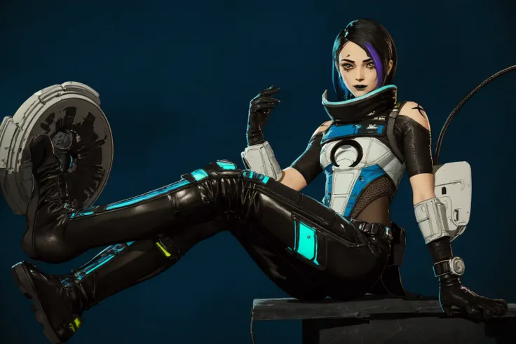 <lora:catalyst_v10:0.7> Catalyst, Apex Legends, Transgender, (masterpiece, best quality, ultra-detailed, highres), perfect face, side lighting, lustrous skin,(bloom), (shine), lighting, ray tracing, sci-fi, Catalyst, Apex Legends, Transgender, 1girl, solo, black hair, black lips, multicolored hair, gloves, cable, crossed legs, short hair, black footwear, bodysuit, boots, black gloves, blue hair, looking at viewer, makeup, black pants, blue background, depth_of_field, very detailed background, highly detailed background, Masterpiece, Ultra detailed, great composition,Dynamic angle,(wide shot), extremely delicate and beautiful,(Highest picture quality), (Master's work), depth of field, solo, extreme light and shadow, masterpiece, rich in detail, (fine features), (highest quality), (masterpiece), (detailed eyes), (beautiful) detailed ,beautiful detailed eyes,(straight-on), full body, cyberpunk:1, (extremely detailed CG unity 8k wallpaper),(masterpiece), (best quality), (ultra-detailed), (best illustration),(best shadow),perfect lighting , perfect anatomy , vivid colors,