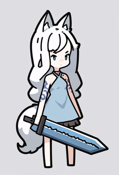 score_9, score_8_up, score_7_up, score_6_up, score_5_up, score_4_up, BREAK
1girl, long hair, white hair, blue eyes,
chibi, wolf ears, wolf girl, wolf tail,
bare shoulders, tattoo, dress, holding a giant sword, huge weapon,
standing, full body, solo, looking at viewer, simple background, white background    <lora:RabbitAndSteelXLLocon:1>