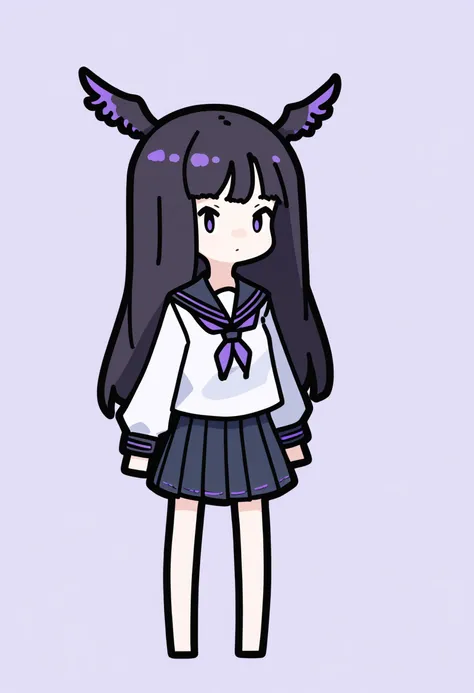 score_9, score_8_up, score_7_up, score_6_up, score_5_up, score_4_up, BREAK
1girl, chibi, black hair, long hair, purple eyes, 
head wings, crow girl,
school uniform, pleated skirt, white shirt, serafuku,
standing, full body, solo, looking at viewer, simple background, white background    <lora:RabbitAndSteelXLLocon:1>