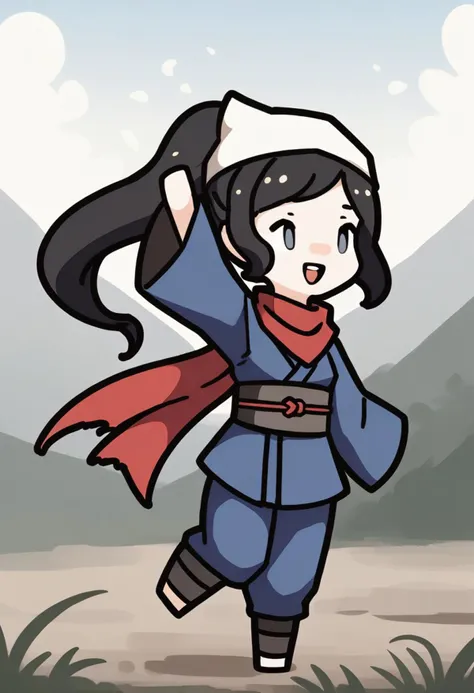 chibi,
1girl, solo, ponytail, sidelocks, bandana, smile, full body, black hair, long hair, grey eyes, open mouth, upper teeth, scarf, red scarf, standing on one leg, boots, brown footwear, long sleeves, ninja, standing, pants, white headwear, sash, leg up, arm up, blue pants, wide sleeves, leg warmers, holding, jacket, blue jacket, outdoors, meadow, day