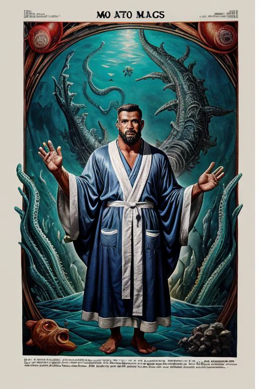 1950's ad featuring , a _ Belizean man with a Robe of Deep Sea, metal magic, illustration, painterly, print ad