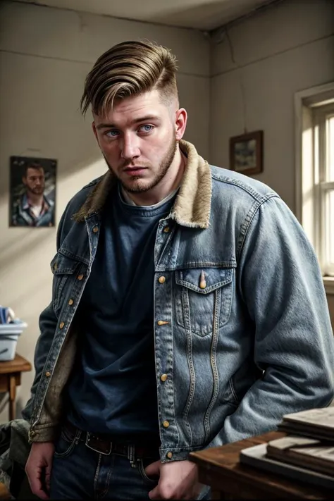 hyper realistic candid photo of a 24yo male, Scots, redneck, infirmary, analog style, masterpiece, proud, short hair, denim jacket, dutch angle