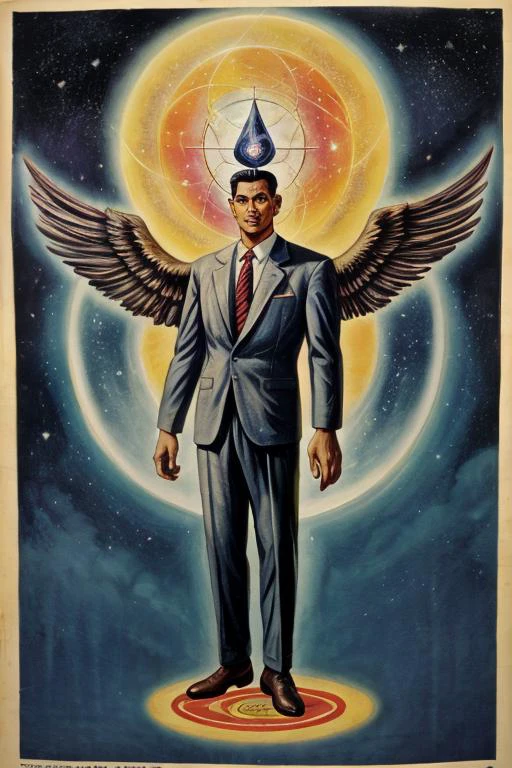 1950's ad featuring , a tall Bruneian man with a Wings of Cosmos, transmutation, illustration, painterly, print ad