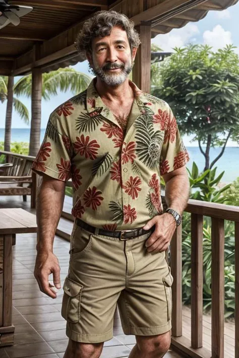 nsfw photo of 50 year old long curly brown hair man wearing hawaiian print shirt, khaki shorts, and flip-flops at a veranda