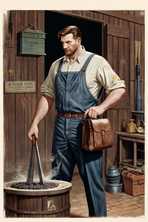 1950's ad featuring , a tall American man with a Very Sturdy Bag, shaping and forging metal with magic, illustration, painterly, print ad